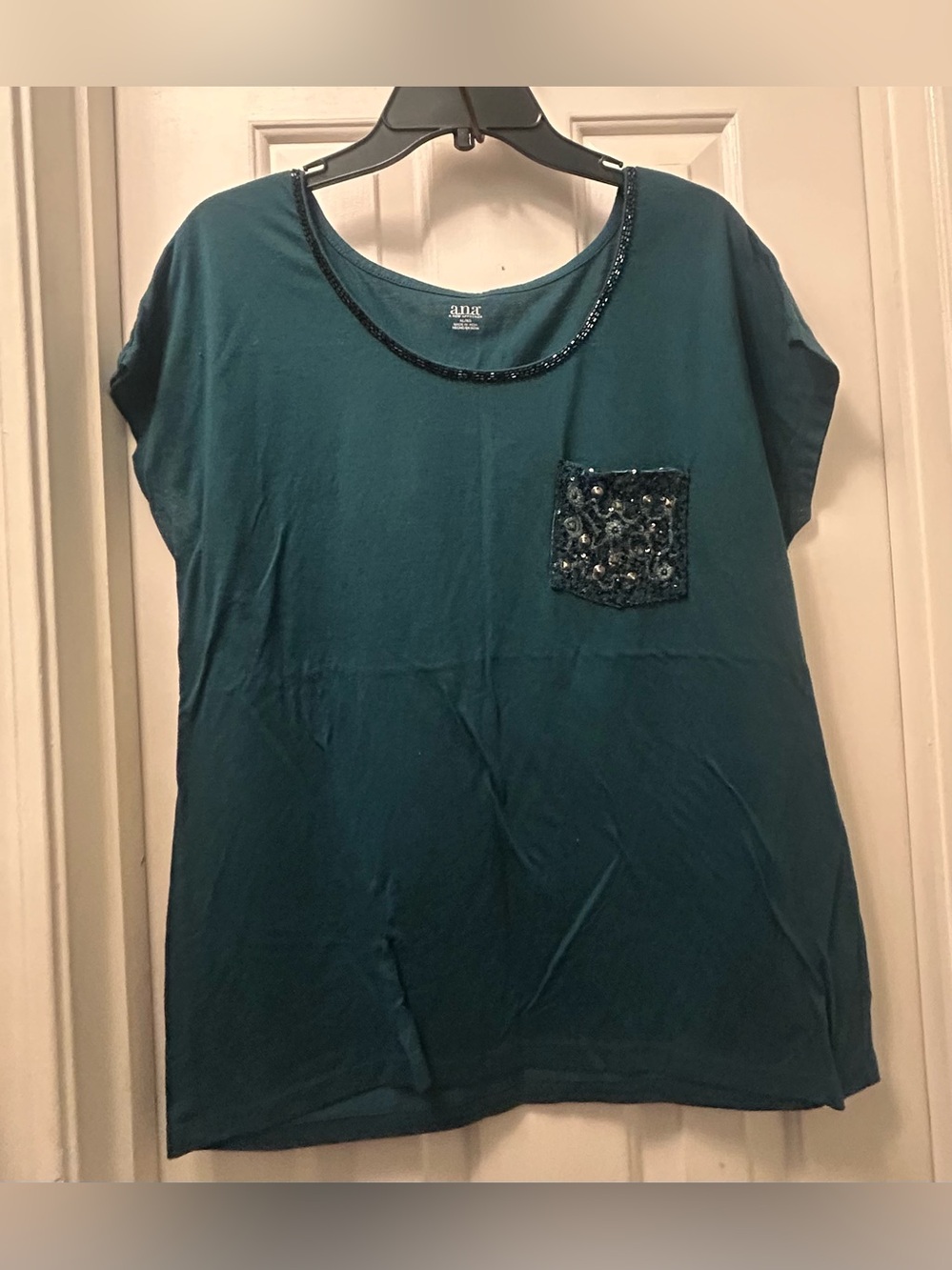 a.n.a Teal embellished Tee with Sequin Trim and Pocket